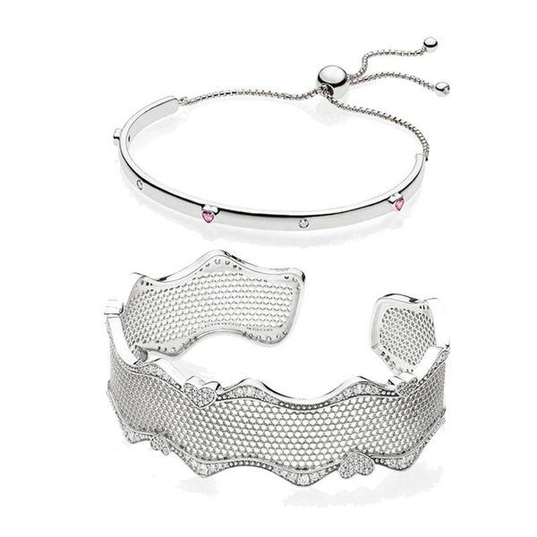 

925 sterling silver original pans explosion sliding bracelet for women lace of love open bangle europe jewelry birthday gift, Golden;silver