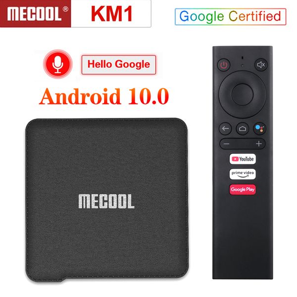 MECOOL KM1 ATV Google Controle de voz Certificated Smart TV Caixa 2.4G 5G 2T2R WiFi Bluetooth Android 10.0 TVBox 2GB 16GB Amlogic S905x3 BT