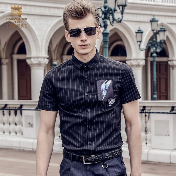 

fanzhuan new 2020 summer fashion short sleeved men's male blouse slim casual shirt printed stripe applique 713071, White;black