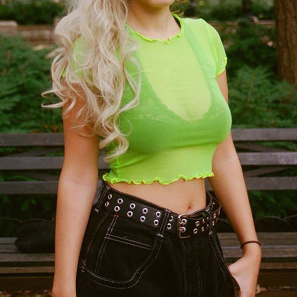 

2020 summer t shirt women's solid color tight fitting ribbed knit plain stretch ruffled fashion short sleeved top, White;red