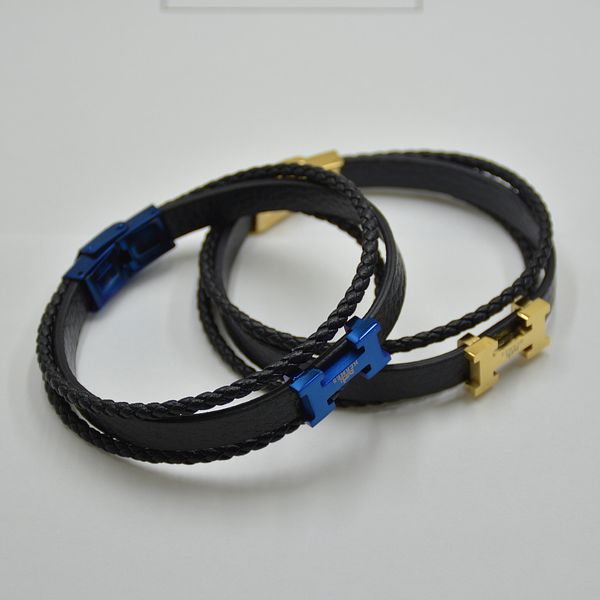 

hh leather bracelets mens black charm bracelet promotion stainless steel bangles for christmas gift, Golden;silver