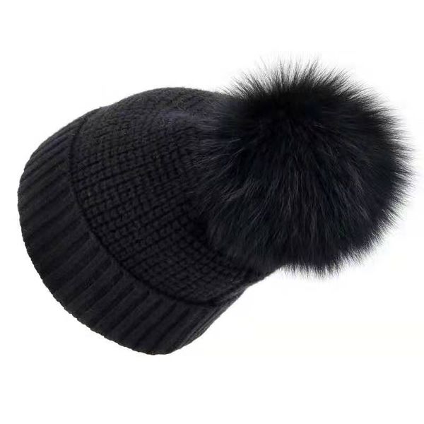 

hat winter winter real fur pompon beanie warm wool knit brim skiing outdoor accessory girl teenagers lady, Blue;gray