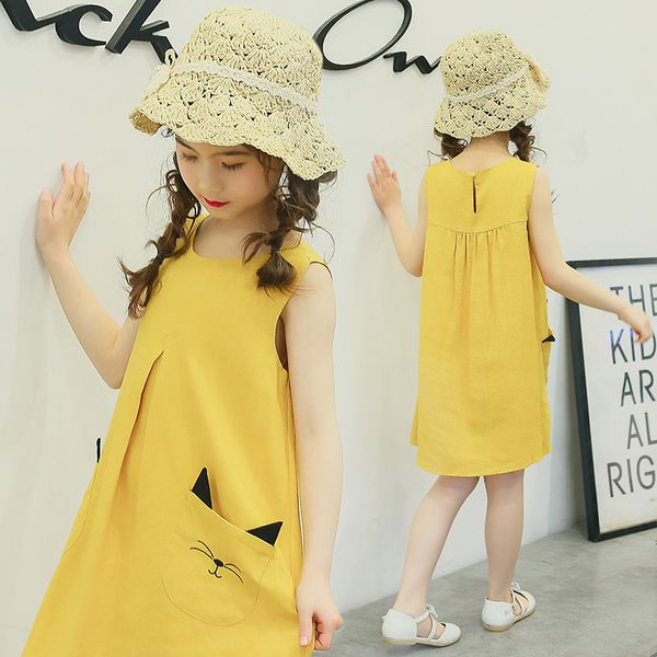 

2020 kids dresses for girls children toddler summer princess dresses linen kitty pocket 3 to 13 years, Red;yellow