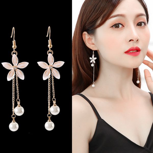 

long section of the tassel pearl earrings wta red flowers temperament was thin earrings japan and south korea dongdaemun wild hook earrings, Silver