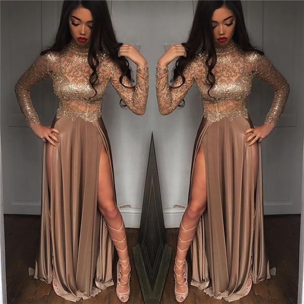 

2k19 new black girls игристого sequined sheer длинных рукава платье выпускного вечер высокой шея сплит формальных партии вечерних платья ba6