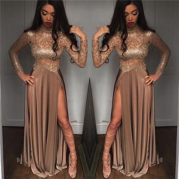 

2k19 New Black Girls Sparkling Sequined Sheer Long Sleeves Prom Dresses High Neck Split Formal Party Evening Gowns BA6620