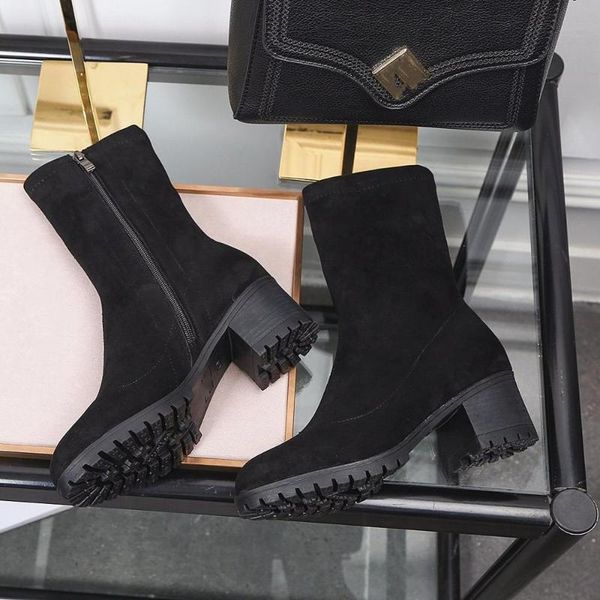 

fashion classic ladies mid boots elasticity elegant fashion all-match comfortable leisure thick heel round toe was thin, Black