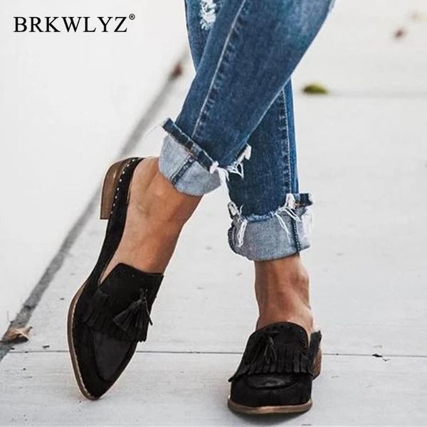 

woman luxury leather flats shoe 2020 female pointed toe tassel loafer ladies pointed toe work shoes lady office dress shoe mules, Black