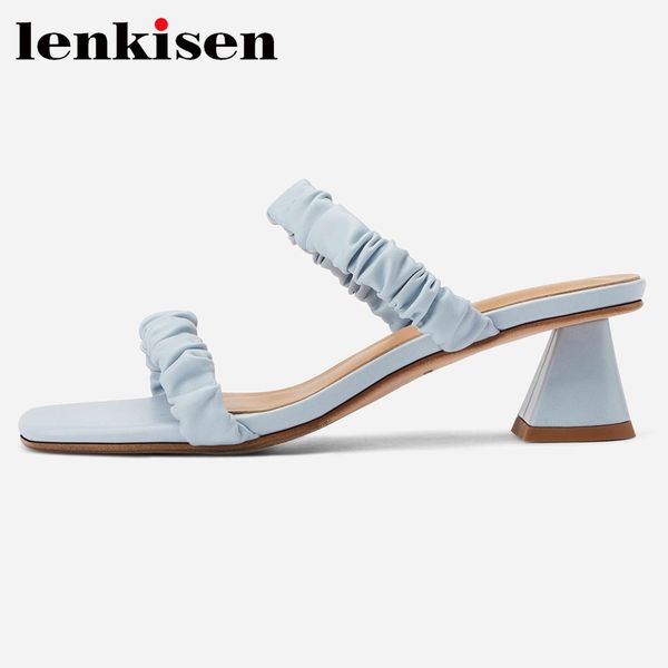 

lenkisen peep toe med heel slip on shoes women three colors pleated young lady daily wear gladiator summer fashion sandals l45, Black