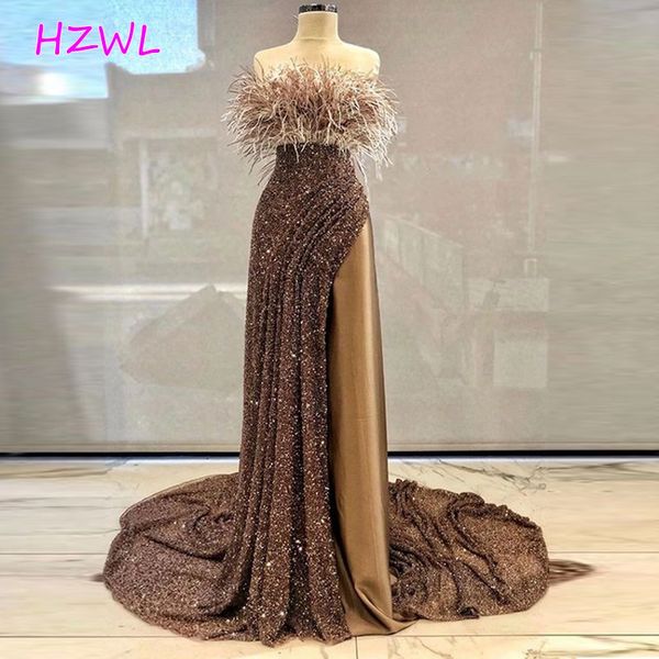 

feather and sequined prom dresses 2021 new design strapless evening gowns sweep train robe de soiree custom made, Black