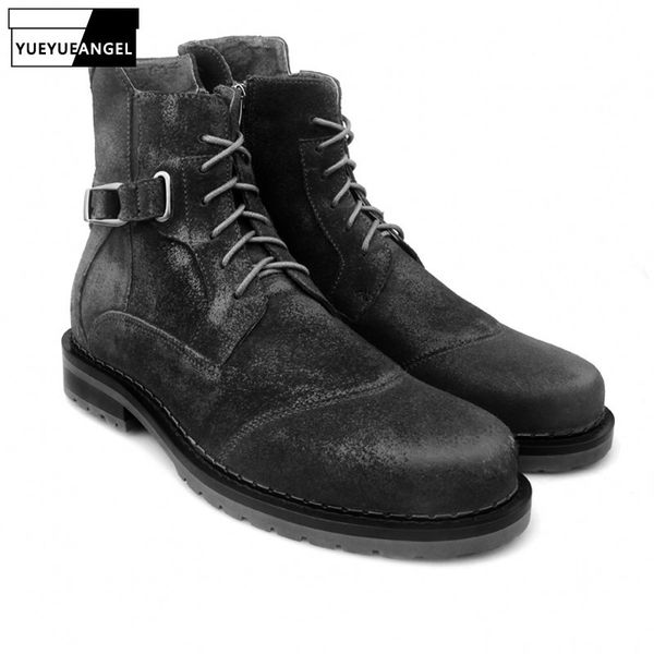

fashion vintage mens nubuck cow suede ankle boots winter new warm round toe lace up zipper thick bottom male casual short boots, Black