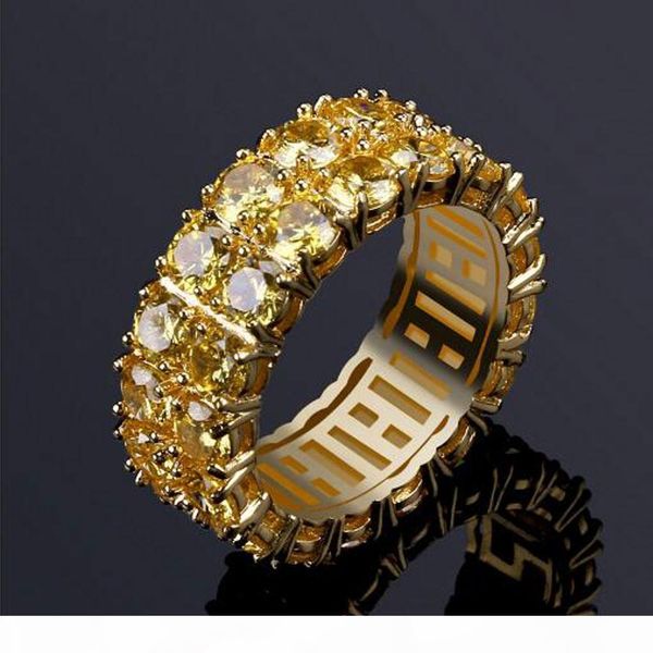 

men's 2 row gold cz bling 360 eternity rings micro pave cubic zirconia gold plating double row simulated diamonds hip hop, Golden;silver