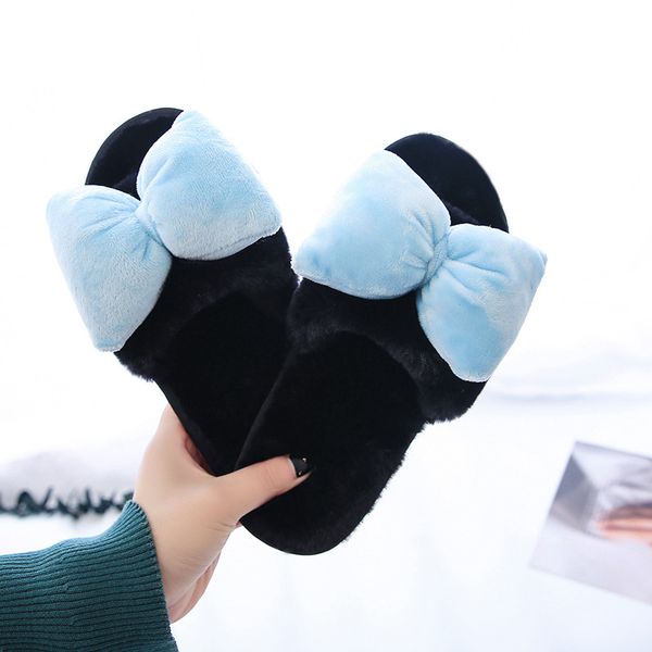 

симпатичный лук привязанных девушки дам меховых горки осени зима домашних тапочек женская короткая плюшевая обувь 2020, Black