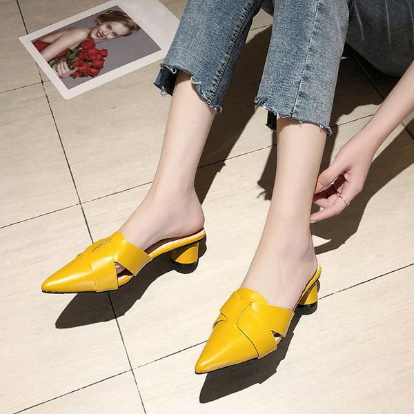 

women summer pu leather slippers ladies high heel sandals woman fashion casual slip on shoes female pointed toe slipper 2020 new, Black