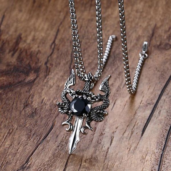 

stainless steel vintage dragon sword pendant necklace with black zircon stone sword jewelry gift for men, Silver
