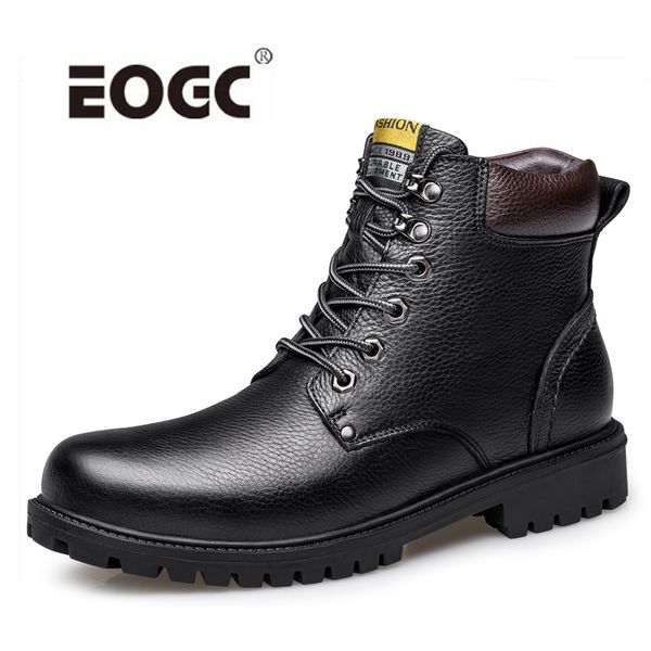 

boots autumn/winter genuine leather men warm plush plus size ankle snow anti-skid outdoor shoes, Black
