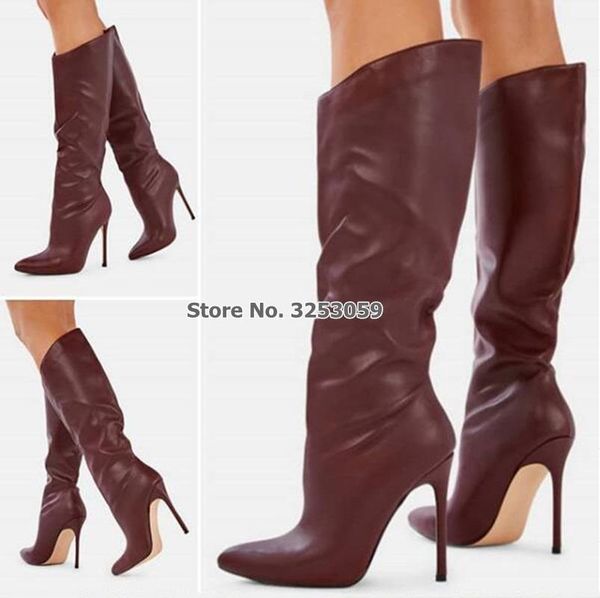 

almudena women wine red coffee matte knee high boots luxurious stiletto heels dress shoes long boots high dropship, Black