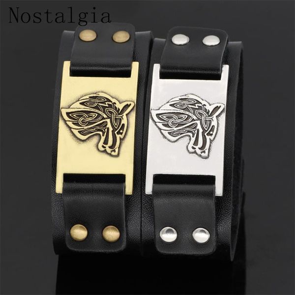 

viking wolf bracelet vintage wristband gothic cuff leather bracelets for men amulet animal jewlery, Golden;silver