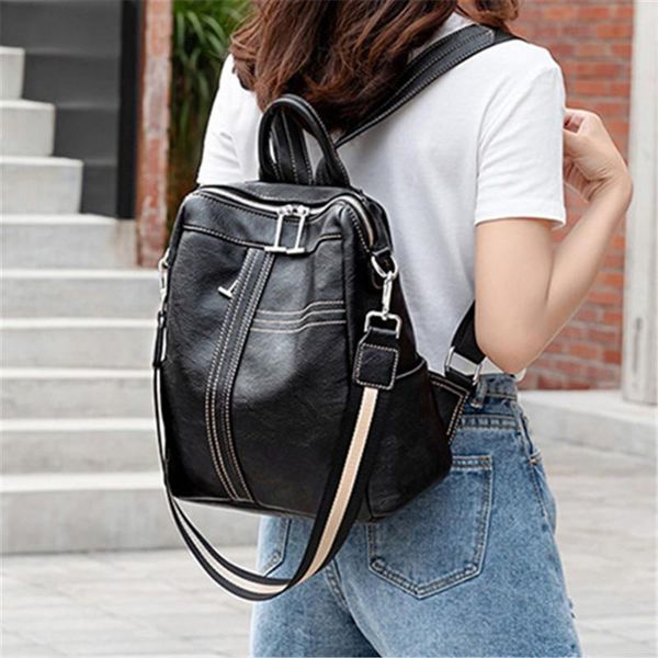 

wholesaler school girls backpack young lady black leather thread shoulder bag college style book backpacks female street shopping/travel bag