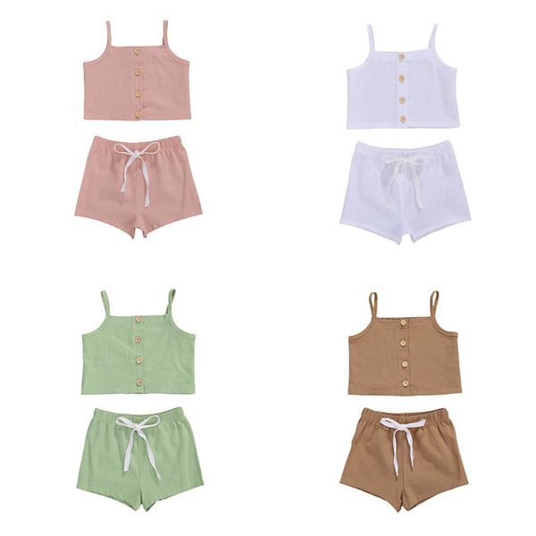 

0-24m baby girl knitted outfit set solid color halter strap button ruffle +drawstring shorts headband baby girl clothes suit, White