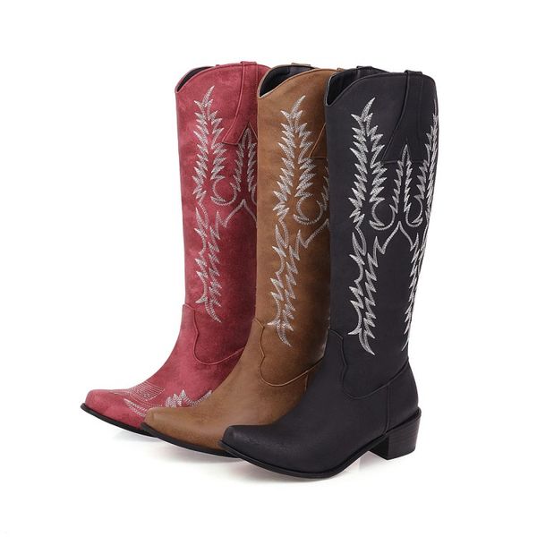 

западная пастушка boots острым носом черный коричневый зима ковбойские сапоги колено высокие ботинки женщин шитье обувь женский высокий кабл, Black