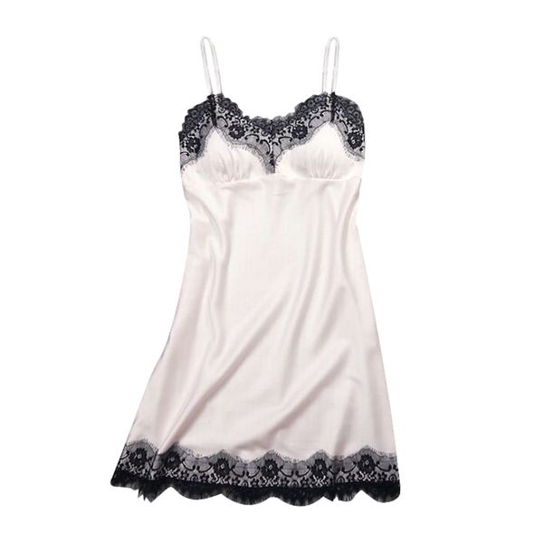 

sleepwear floral lace evening dress satin nightdress for women, White