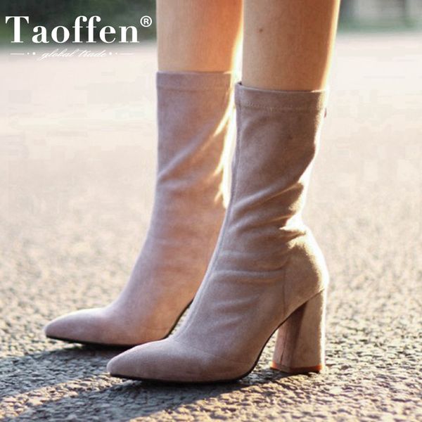 

taoffen women hlaf short boots genuine leather thick heel women winter shoes fashion elastic boots size 33-40, Black