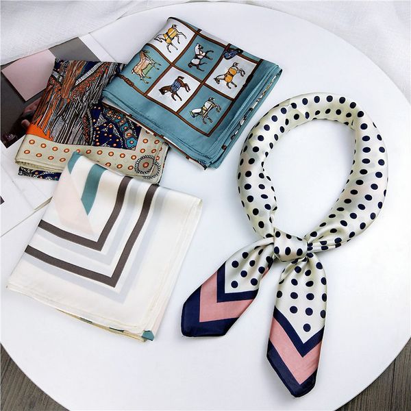 

2020 new horse animal polka dot print small square satin hair scarf ladies elegant silk head scarves stoles neckerchief 70x70cm, Blue;gray