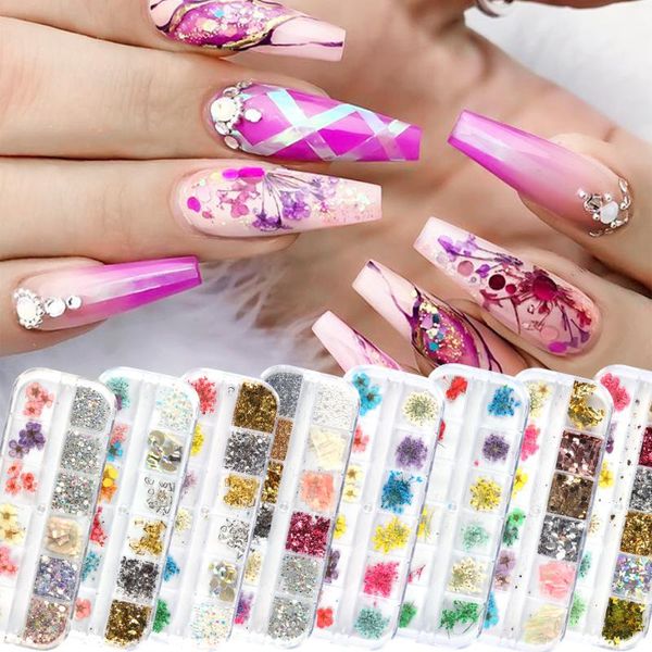 

3d multi-collocation dry flowers nail art decoration ab rhinestones gold silver paillette diy effect manicure accessories le1616