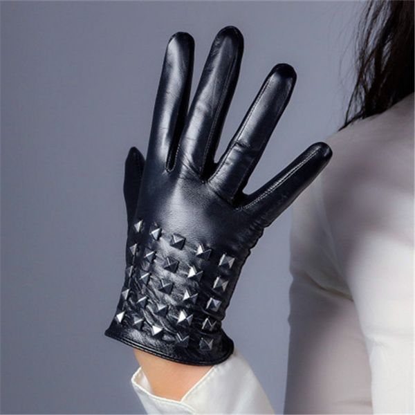 

new fashion women' punk rivets sheepskin gloves fashion patent leather gloves female accessories black motorcycle, Blue;gray