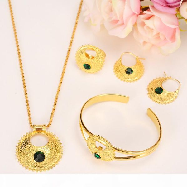 

ethiopian set jewelry pendant earrings ring bangle 24k yellow solid gold gf cz green blue africa bride wedding eritrea party, Black