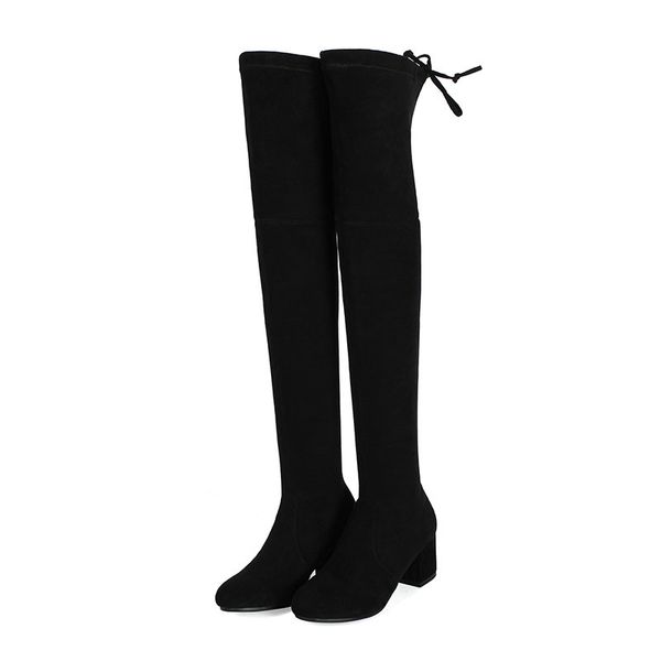 

2020 new flock round toe fashion over the knee high boots autumn winter square high heel elegant women shoes size 34-43, Black
