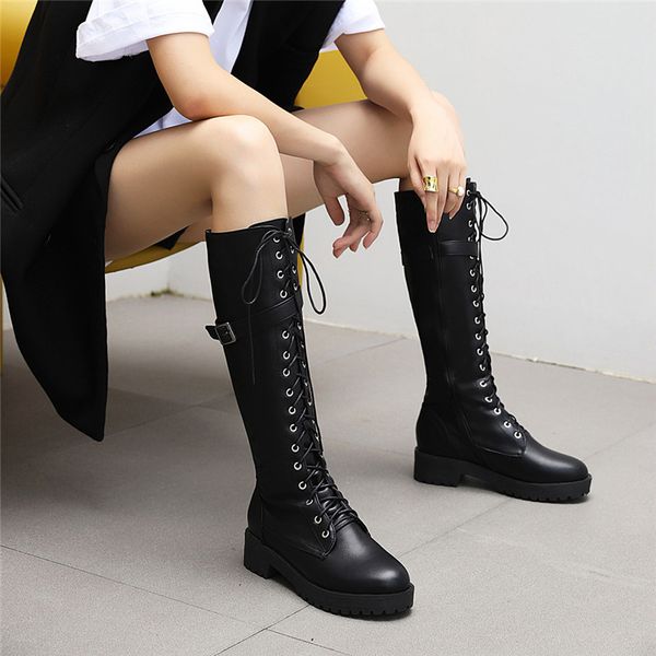 

ymechic autumn winter black buckle cross tied lace up knee high boots female block chunky heels womens shoes knight biker boots