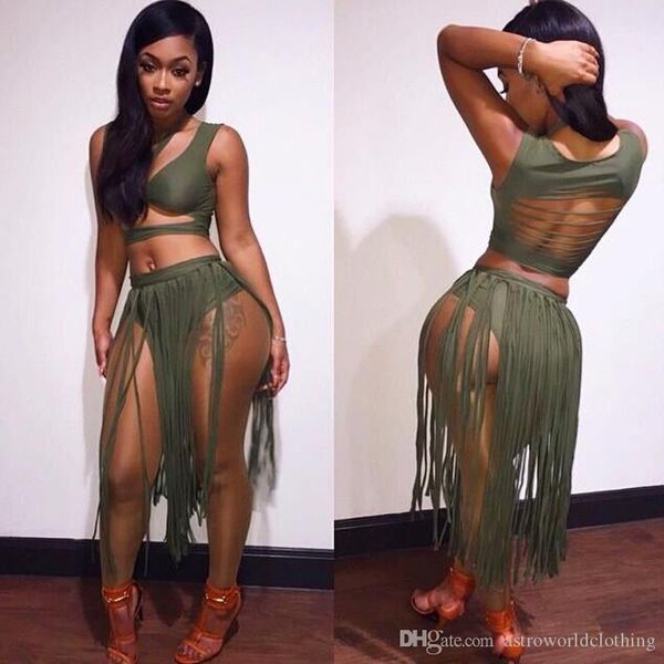 

2pcs платье выдалбливают backless кисточкой женщин два бюстье мода дамы клуб одежда green sexy женщин, White