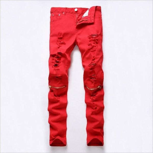 

men red skinny jeans hight street style holes long jeans good quality men zipper stretch slim denim jean pants long size42, Blue