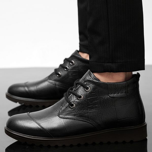

genuine leather mens walking shoes winter keep warm boots men thicken fur ankle male snow boots business formal leather