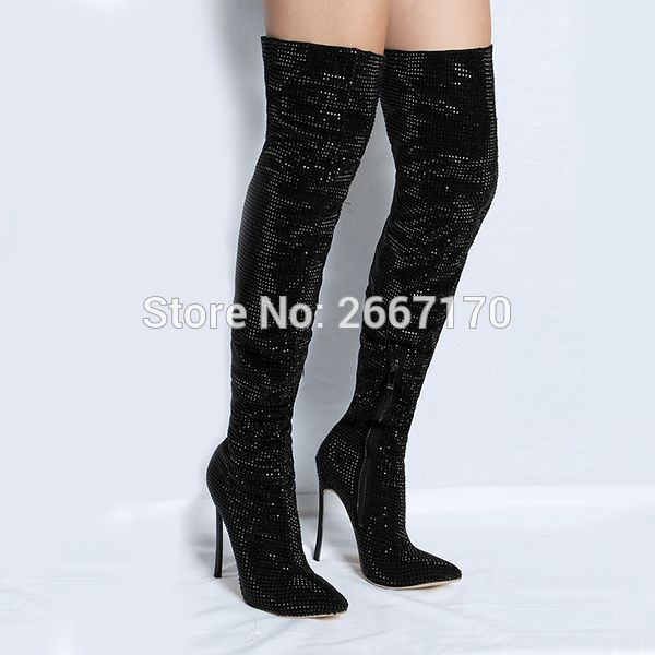 

luxury designer women shoes pointed toe high heels glitter crystal studs zapatillas mujer black rhinestone thigh high boots