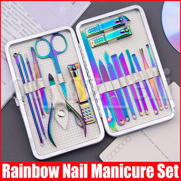 

18pcs/set rainbow manicure set with case stainless steel nail clipper cutter trimmer ear pick kit pedicure toe nail tool earpick set