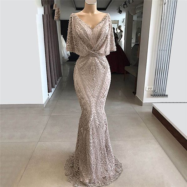 

elegant mermaid short sleeve prom dresses full lace v neck long formal evening party gowns zipper back