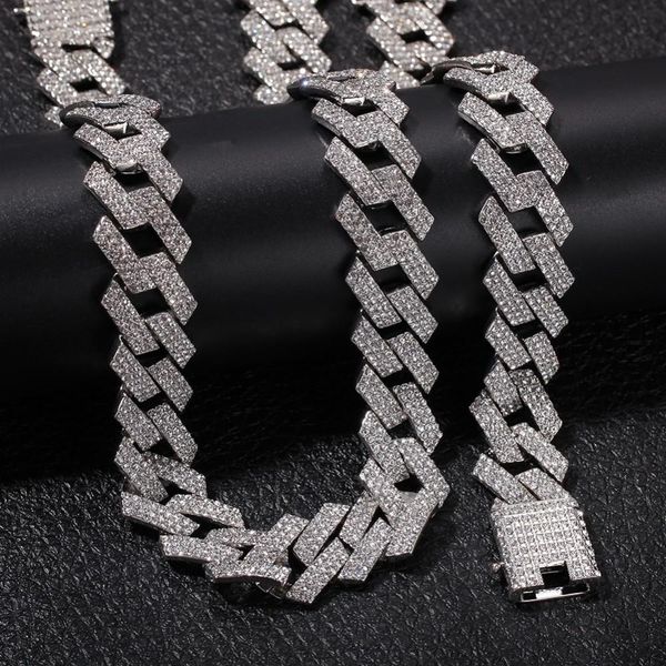 

the bling king 20mm miami prong cuban chain ne+ba 3 row full iced out rhinestones necklace & bracelet mens hiphop jewelry set01, Silver