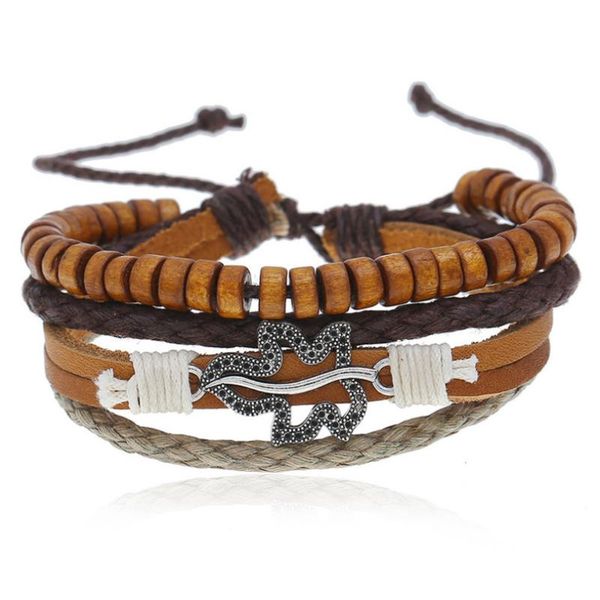 

vintage retro beads leaf bracelet casual braided leather bangle alloy charms wrap wristbands for women men fashion punk jewelry, Golden;silver
