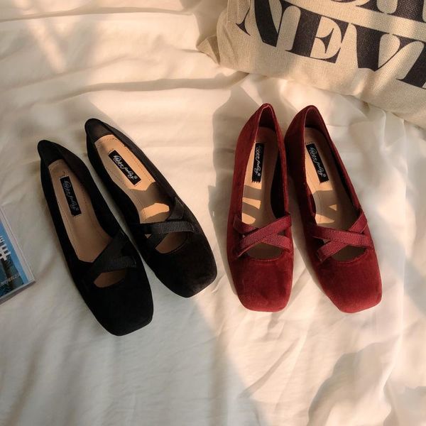 

girls pearl velvet flats nude pink ballet shoes solid elastic cross band loafers elegant square toe ballerina moccasins femme, Black