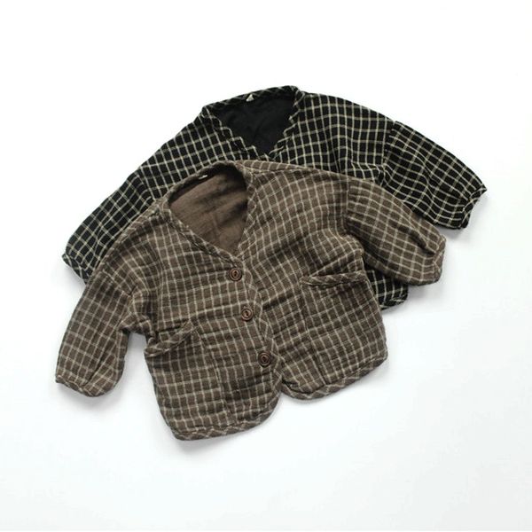 

5283 children's cotton cardigan autumn double layer cotton jacket plaid long sleeve boys and girls coats outfits, Blue;gray