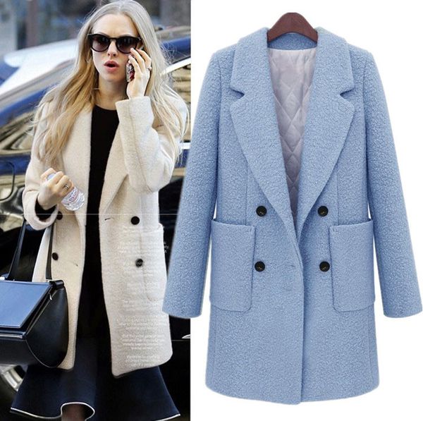

women's wool & blends fashion solid women long cashmer coat casual slim woolen jacket double breasted and, Black