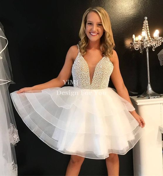 

Sweet Major Beading Short Homecoming Dresses 2019 Spaghetti Illusion Bodice Tiered Mini Cocktail Party Gowns Girls Graduation Prom Dress