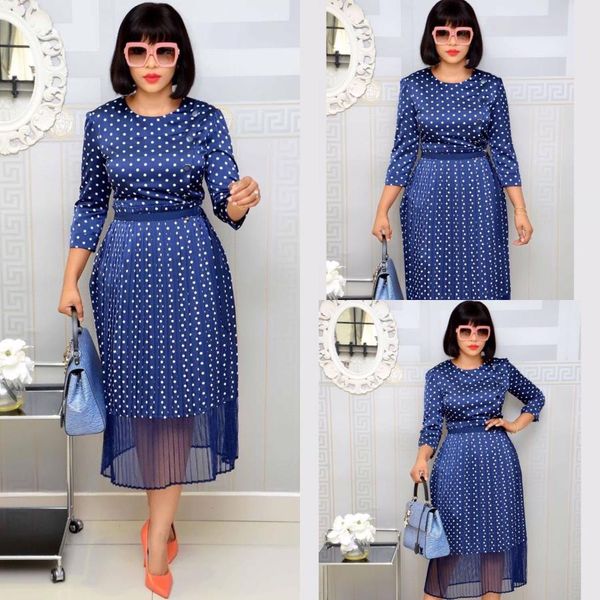 

2020 blue autumn africa polka dot dress mesh skirt two piece dress female casual dresses, Black;gray