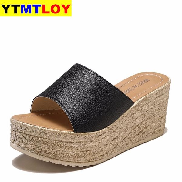 

летняя женская обувь платформа клин тапочки пляж высокие каблуки женщины трусы женские обувь cork золото пятки флип-флоп сандалии, Black