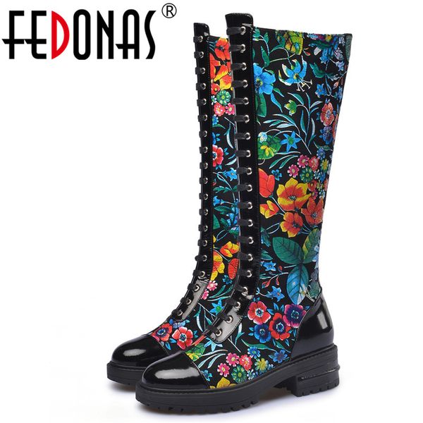 

fedonas vintage prints women knee high boots prom party shoes woman winter warm high heels genuine leather long riding boots, Black