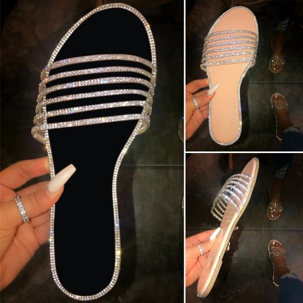 

sandals 2021 crystal fashion shiny glitter rhinestones women slippers sumemr casual ladies flat shoes woman d30, Black