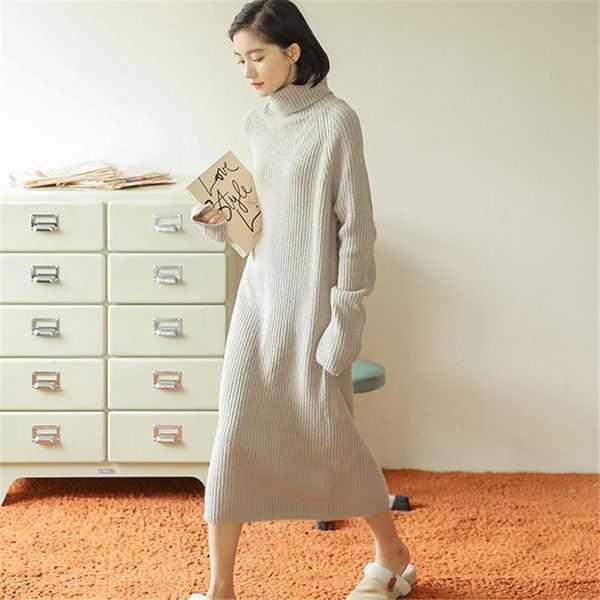 

2019 autumn winner long dress sweater women turtleneck warm pullovers ladies solid long sleeve sale clothes clothing y200805, Black;pink